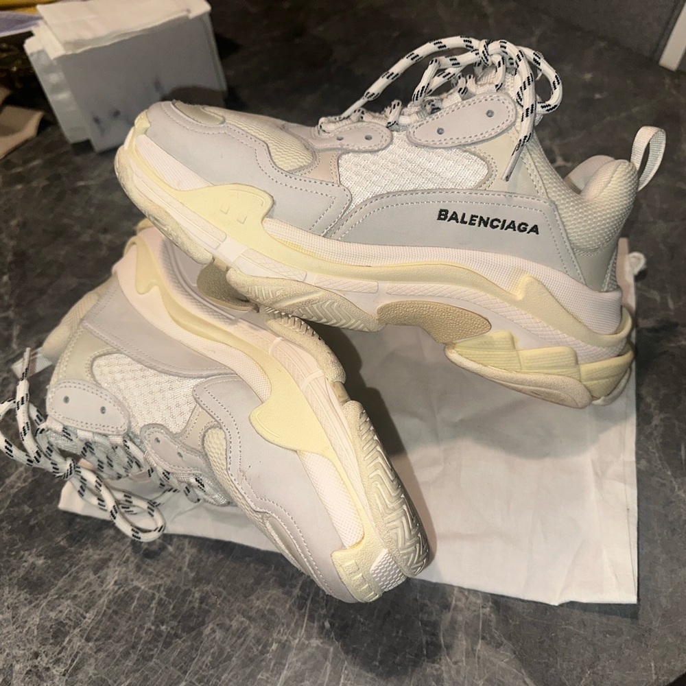Balenciaga Men’s Triple S White Light Gray and Cream Sneakers